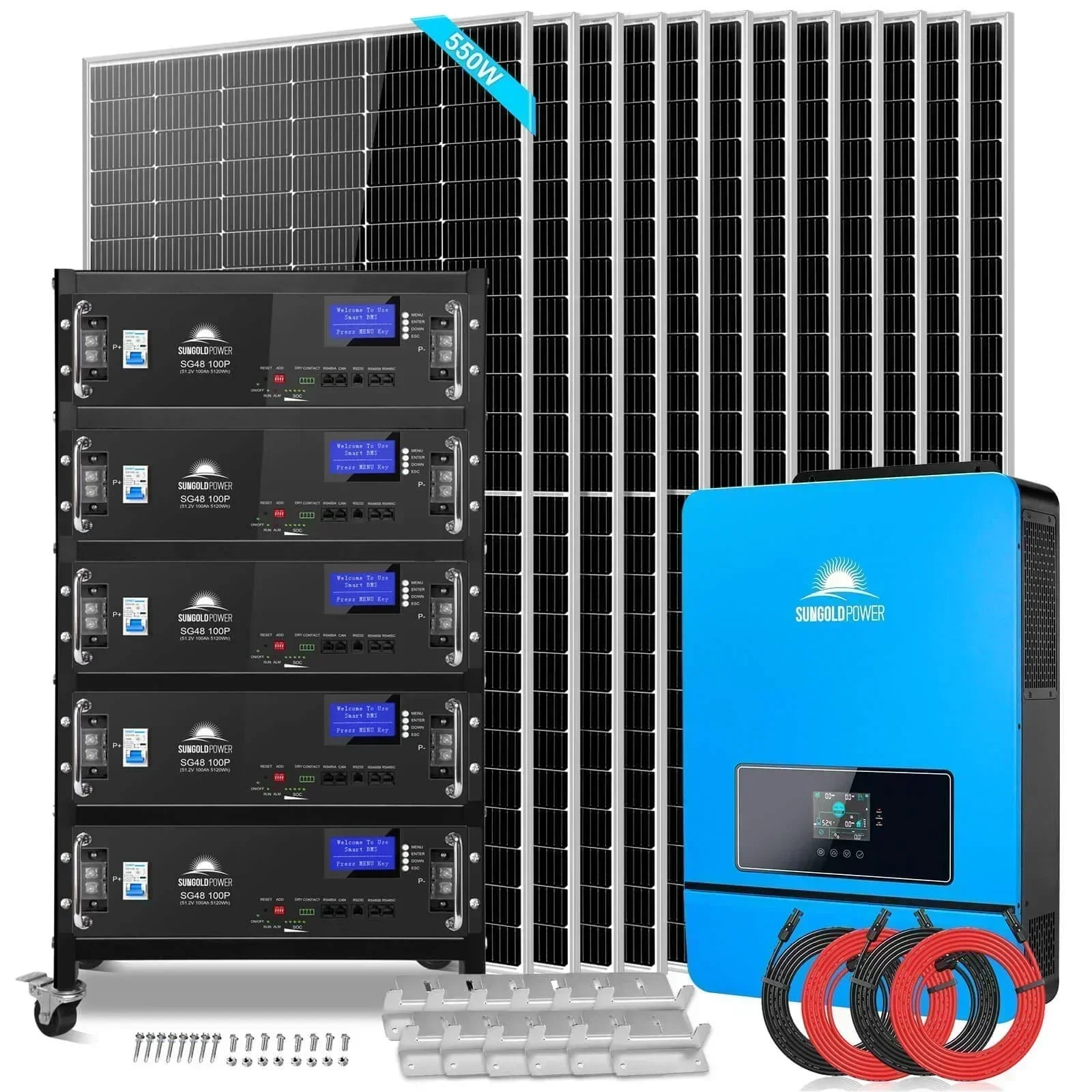 Off Grid Solar Kit 10KW 48VDC 120V/240V 25.6KWH Lithium Battery 12 X 550 Watts Solar Panels SGR-10K - Green Vista Living