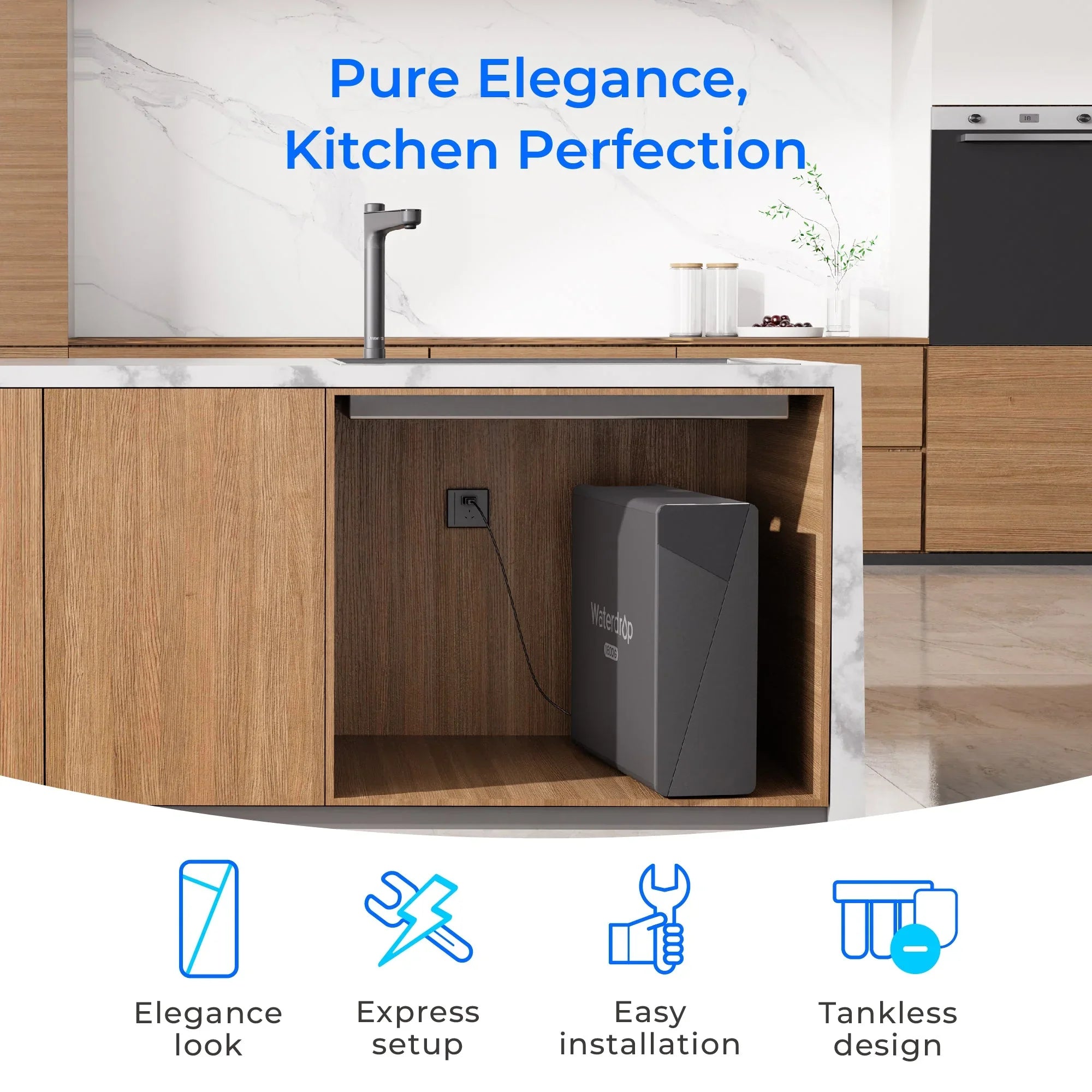 Waterdrop tankless under sink water filter installed in modern kitchen cabinet, with easy setup icons