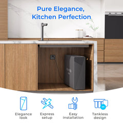 Waterdrop tankless under sink water filter installed in modern kitchen cabinet, with easy setup icons
