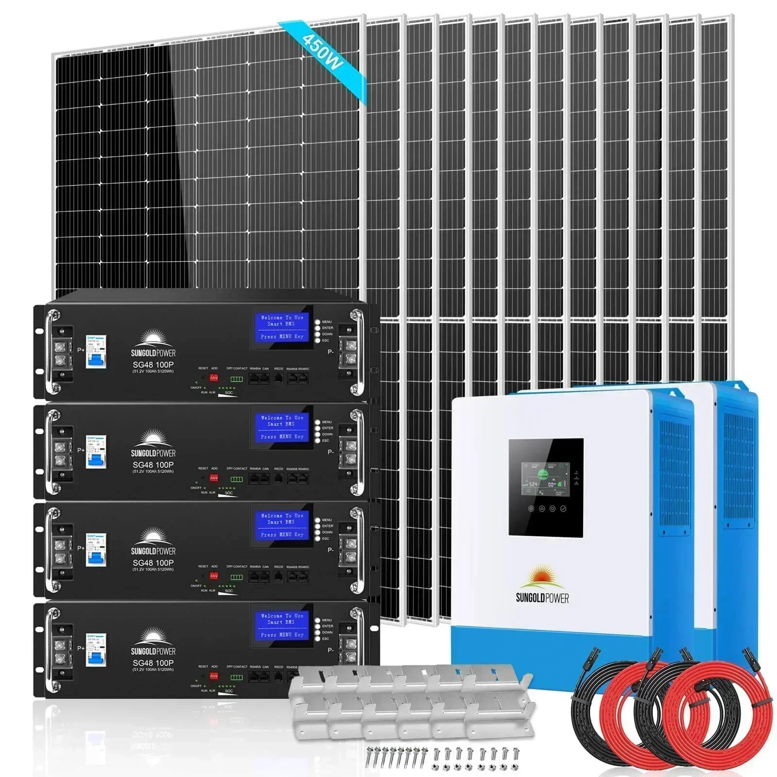 Off Grid Solar Kit 10000W 48VDC 120V/240V LifePO4 20.48KWH Lithium Battery 12 X 450 Watts Solar Panels SGR-10K2M - Green Vista Living