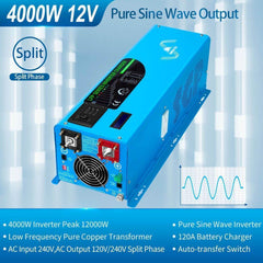4000W DC 12V Split Phase Pure Sine Wave Inverter With Charger - Green Vista Living