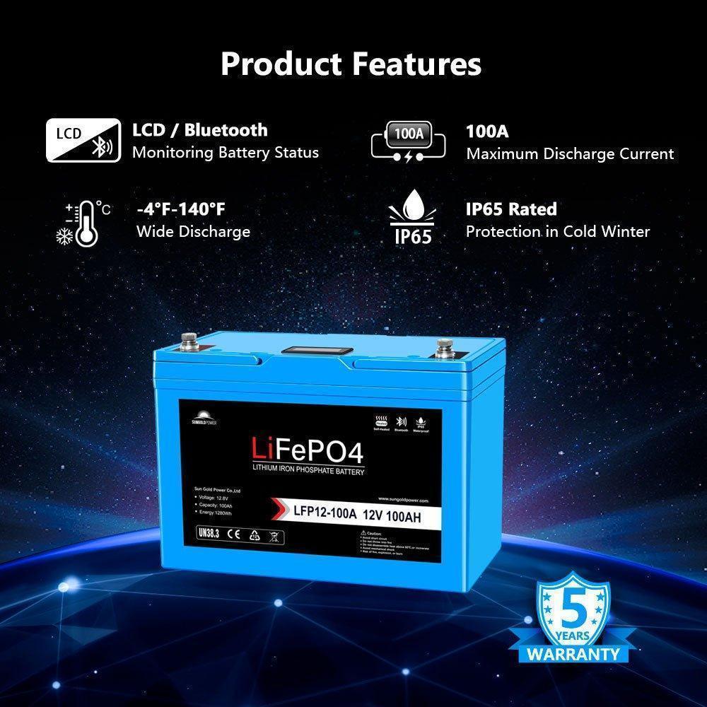 Sungold Power 12V 100AH LiFePO4 Deep Cycle Lithium Battery / Bluetooth /Self-heating / IP65 - Green Vista Living