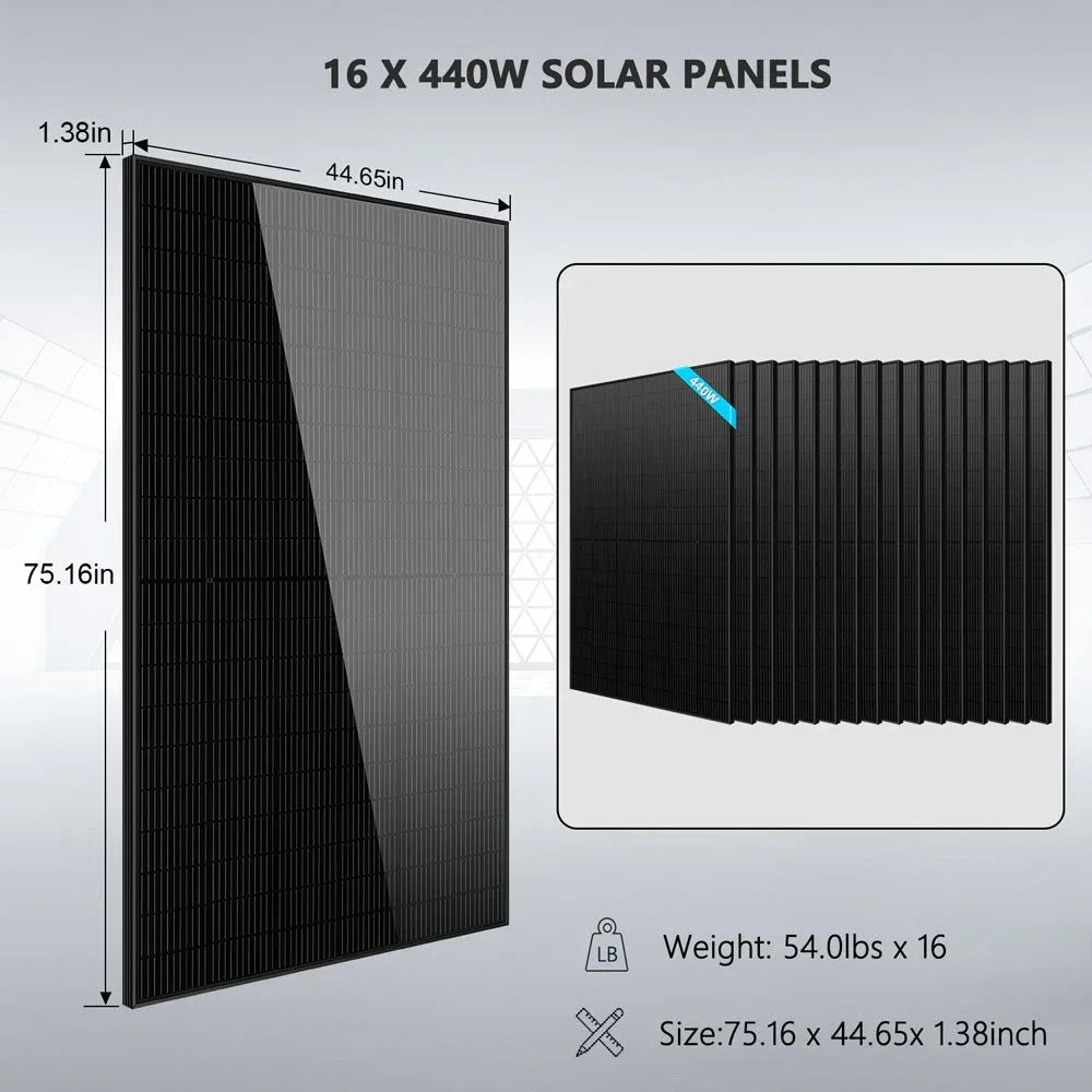 16 pack of 440W solar panels, black, 75.16 x 44.65 x 1.38 inches, product dimensions shown