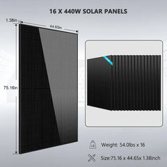 16 pack of 440W solar panels, black, 75.16 x 44.65 x 1.38 inches, product dimensions shown