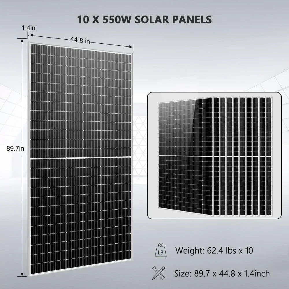 Off Grid Solar Kit 10 X 550 Watts Solar Panels 4 X 5.12KWh Powerwall Lithium Battery 10KW Solar Inverter 48vdc 120v/240v SGM-10K20 - Green Vista Living