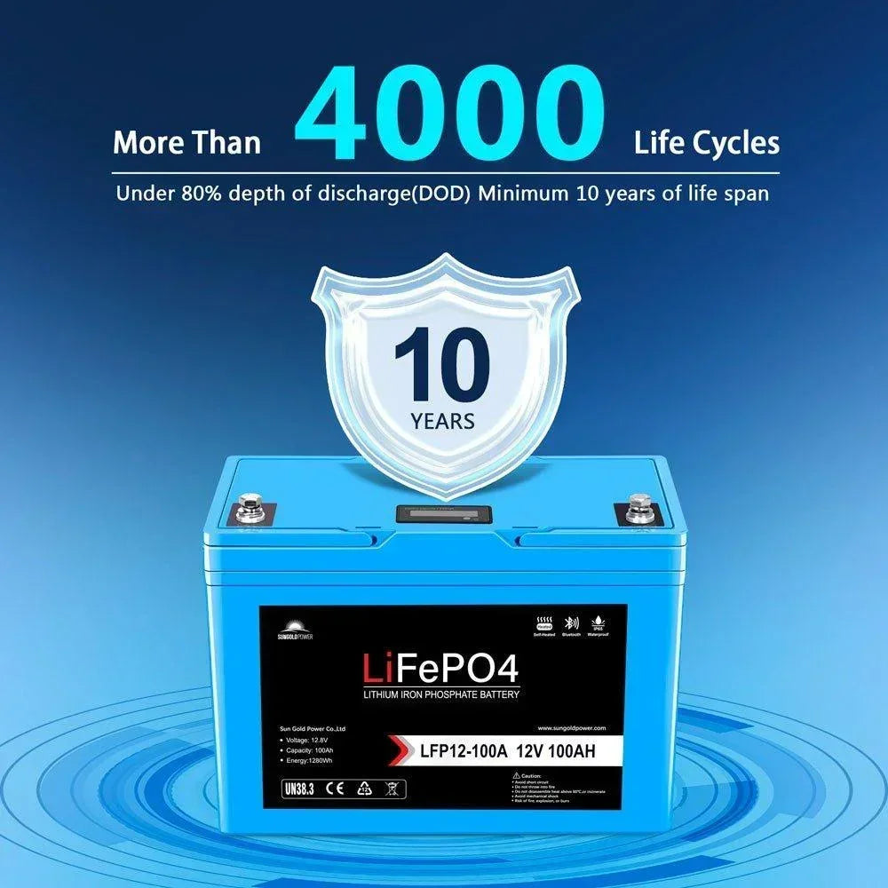 Sungold Power 12V 100AH LiFePO4 Deep Cycle Lithium Battery / Bluetooth /Self-heating / IP65 - Green Vista Living