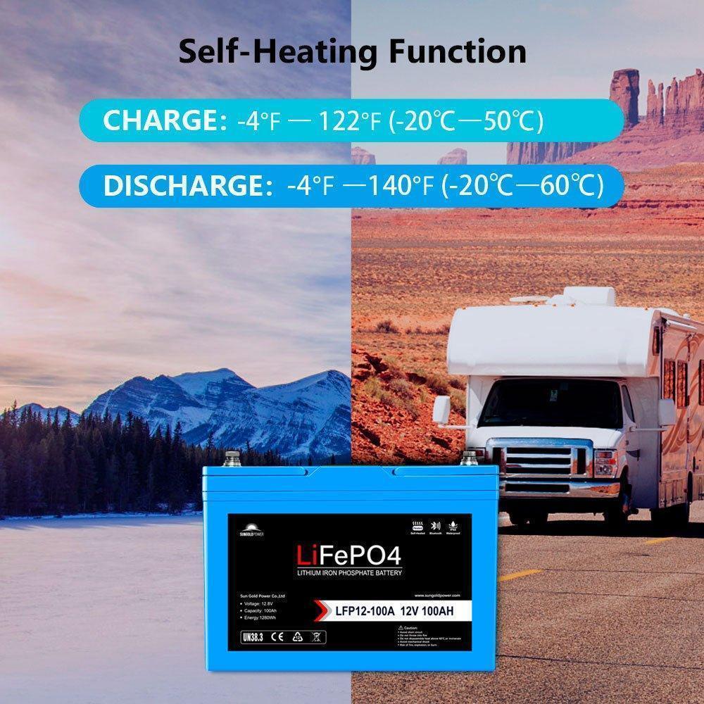 Sungold Power 12V 100AH LiFePO4 Deep Cycle Lithium Battery / Bluetooth /Self-heating / IP65 - Green Vista Living