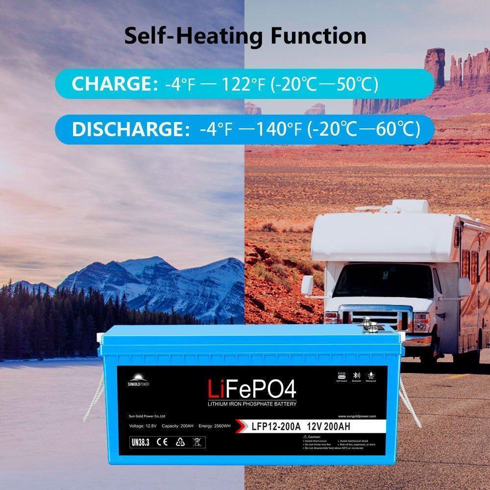 Sungold Power 12V 200Ah LiFePo4 Deep Cycle Lithium Battery Bluetooth / Self-Heating / IP65 - Green Vista Living