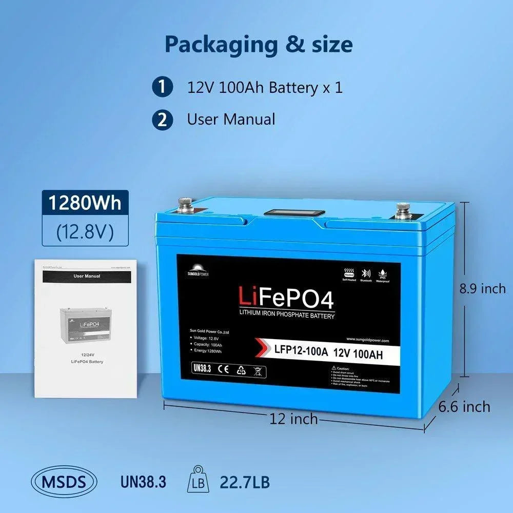 Sungold Power 12V 100AH LiFePO4 Deep Cycle Lithium Battery / Bluetooth /Self-heating / IP65 - Green Vista Living