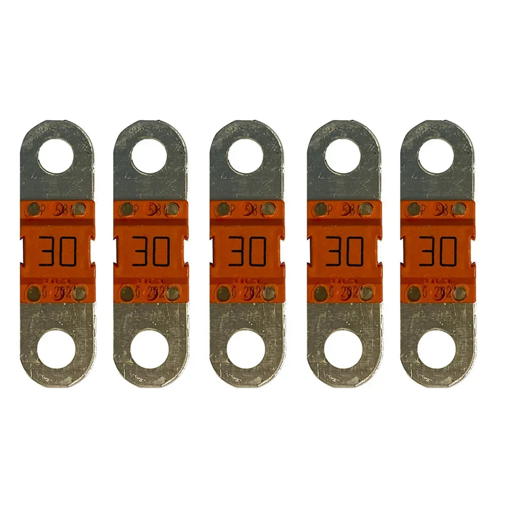 Blue Sea 30 amp fuse set, orange and silver, five blade fuses for inverter or battery