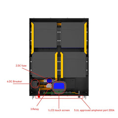 10kWh lithium battery module front view with LCD touch screen, DC fuse, relay, DC breaker, and UL approved Amphenol port labeled