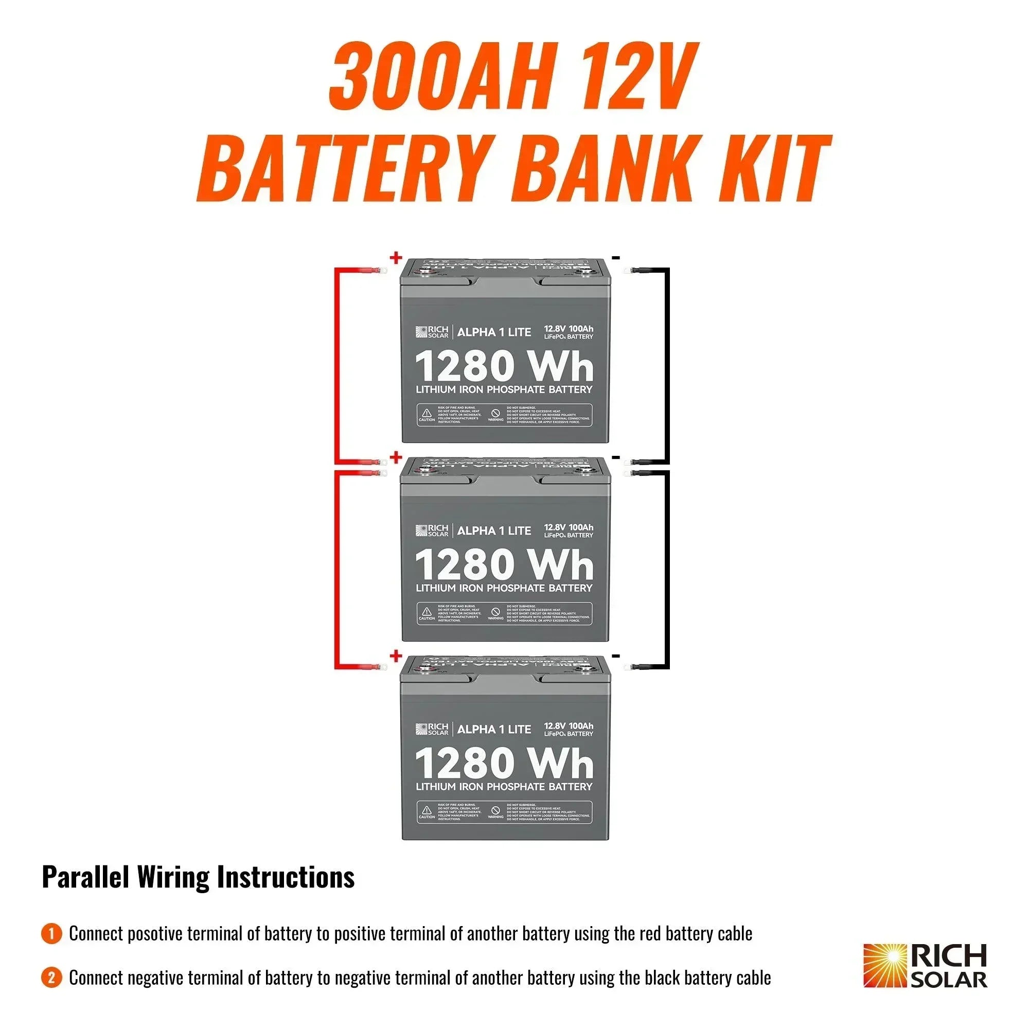 Rich Solar - 300Ah 12V LiFePO4 Off-Grid Battery Kit | 3.8kWh Deep Cycle Lithium Battery Bank | 3 X ALPHA 1 LITE in Parallel - Green Vista Living