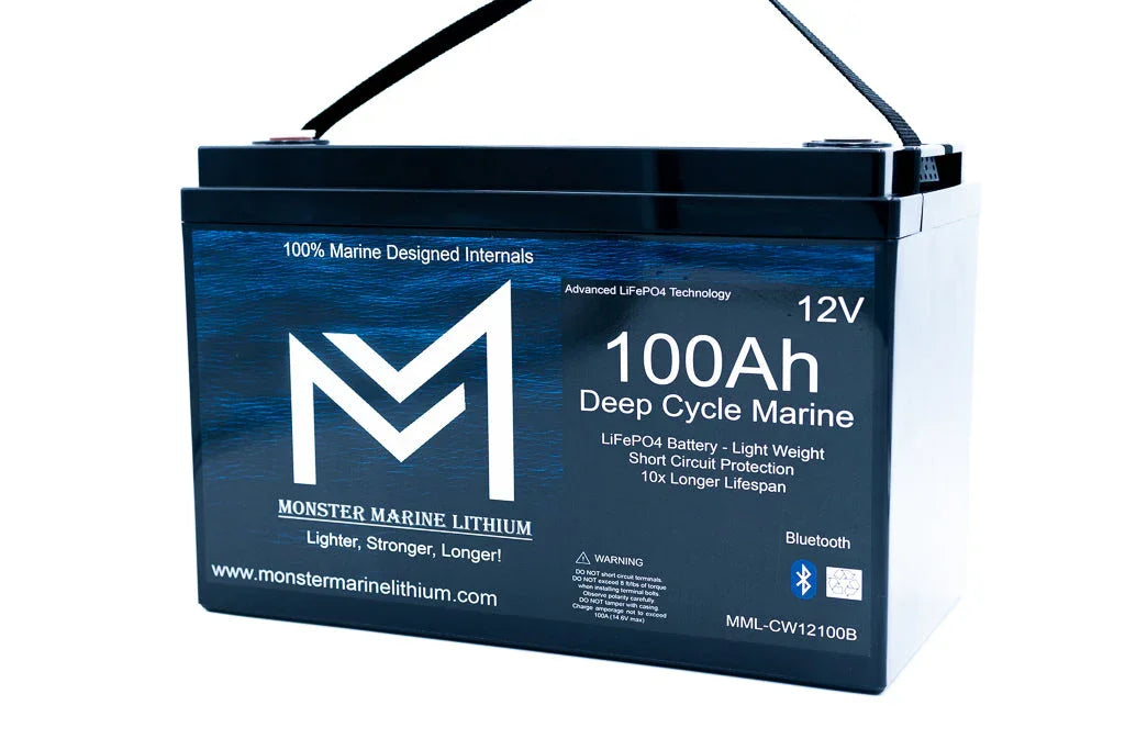 Monster Marine Lithium 12V 100Ah deep cycle marine LiFePO4 battery with Bluetooth and handle