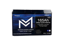 Monster Marine Lithium 12V 165Ah deep cycle marine battery with Bluetooth, black and blue case