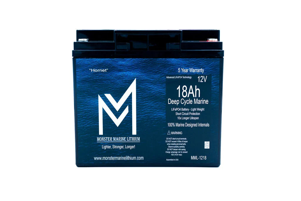Monster Marine Lithium 12V 18Ah deep cycle marine LiFePO4 battery with blue label