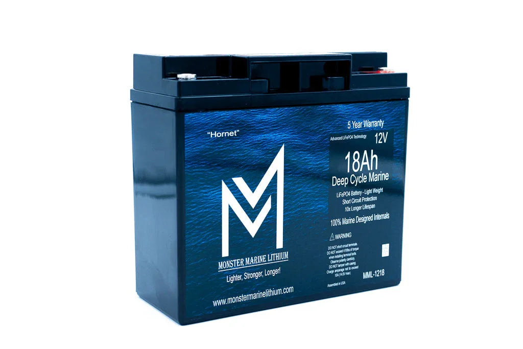 Monster Marine Lithium 12V 18Ah deep cycle marine battery with blue casing and white logo