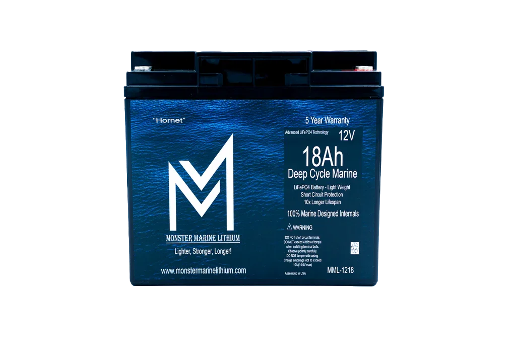 Monster Marine Lithium 12V 18Ah deep cycle marine battery, blue casing, front view