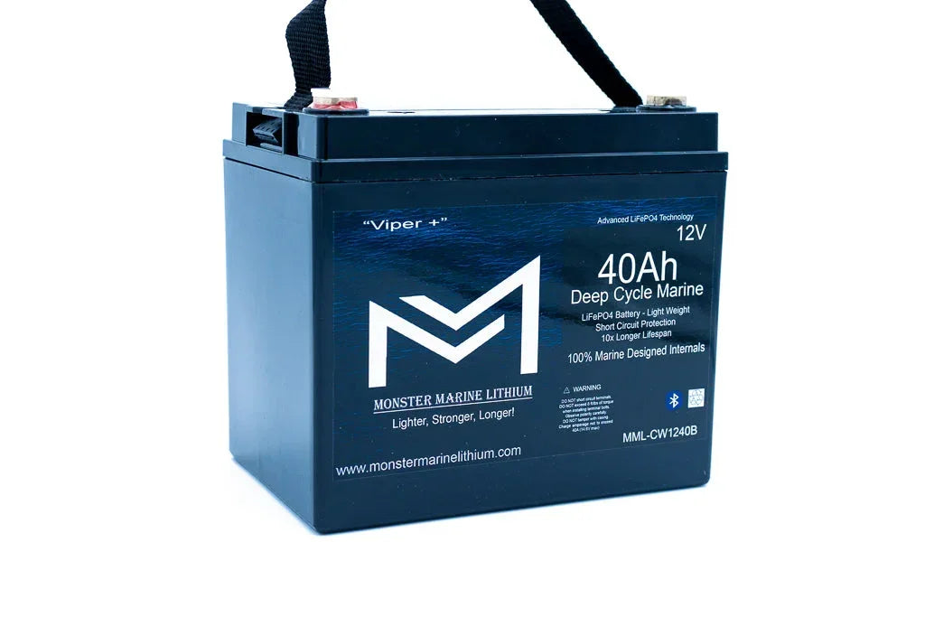 Monster Marine Lithium 12V 40Ah deep cycle marine battery with black case and carrying strap