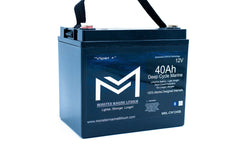Monster Marine Lithium 12V 40Ah deep cycle marine battery with black case and carrying strap