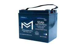 Monster Marine Lithium 12V 50Ah deep cycle marine LiFePO4 battery with handle, black casing.