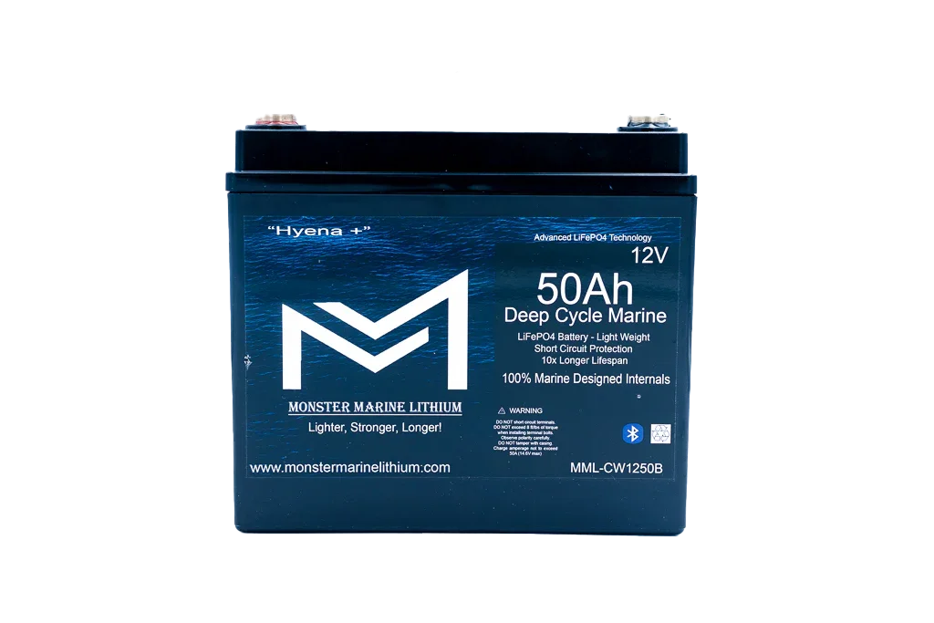 Monster Marine Lithium 12V 50Ah deep cycle marine LiFePO4 battery front view