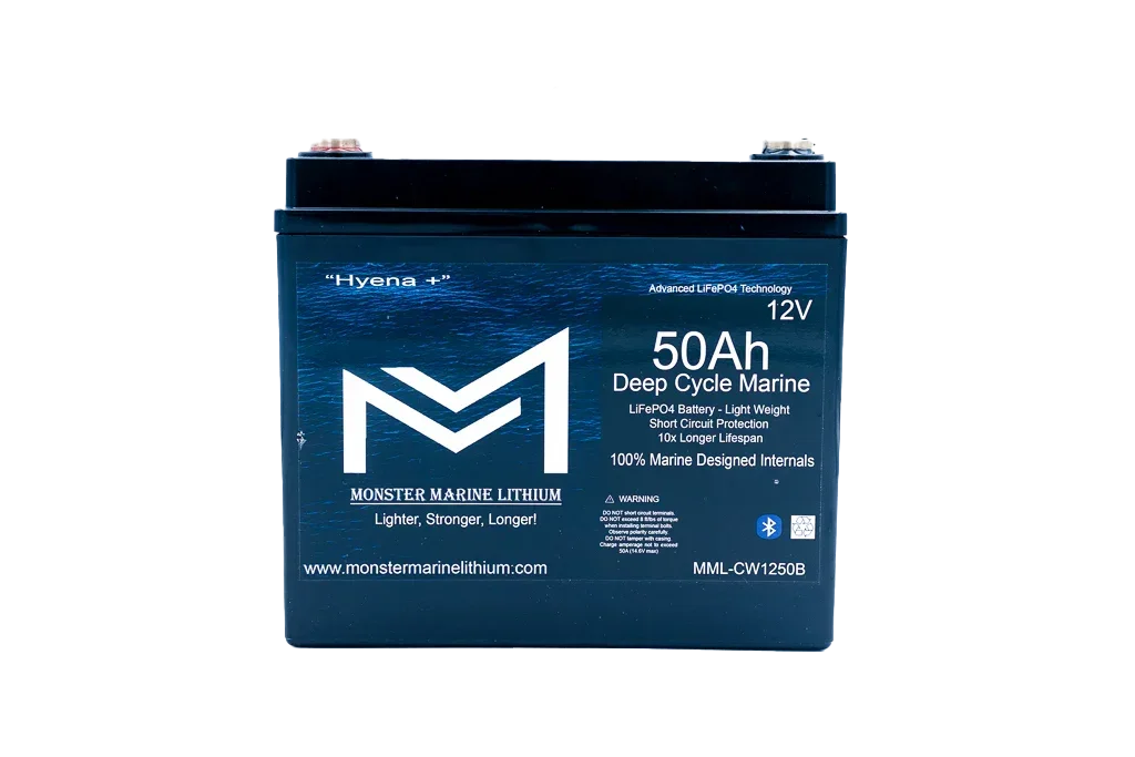 Monster Marine Lithium 12V 50Ah deep cycle marine LiFePO4 battery front view