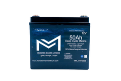 Monster Marine Lithium 12V 50Ah deep cycle marine LiFePO4 battery front view