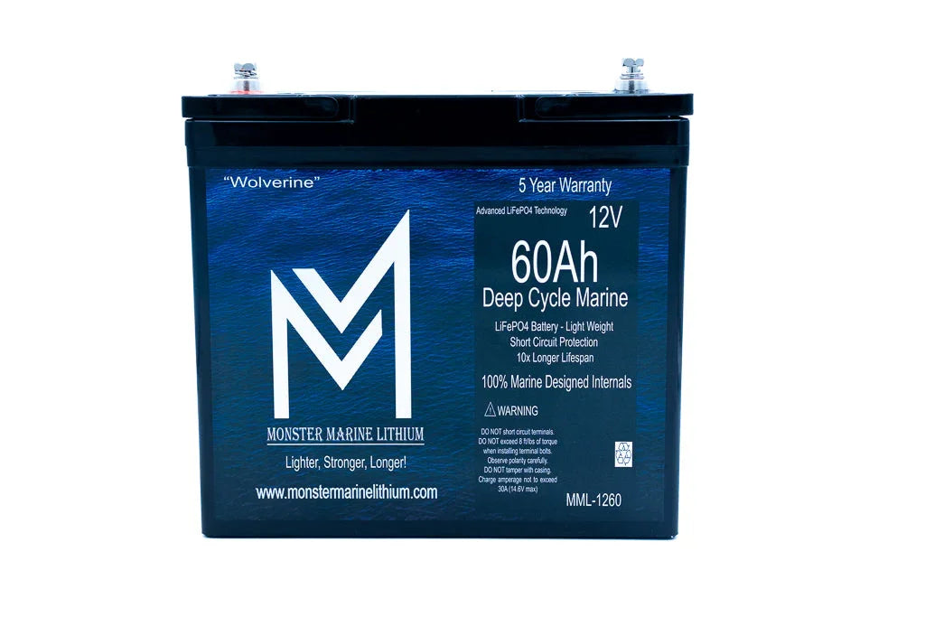 Monster Marine Lithium 12V 60Ah deep cycle marine battery with blue label and silver terminals