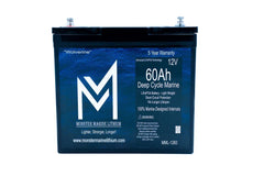 Monster Marine Lithium 12V 60Ah deep cycle marine battery with blue label and silver terminals