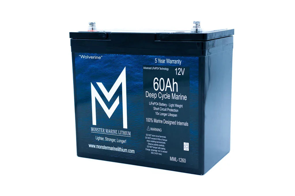 Monster Marine Lithium 12V 60Ah deep cycle marine battery with blue casing and terminals