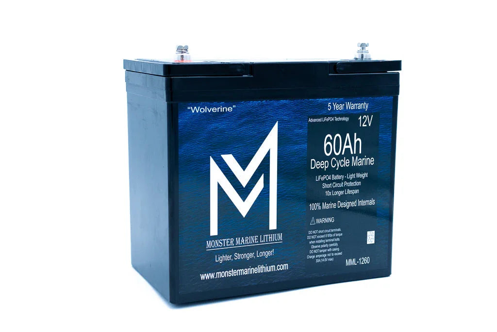 Monster Marine Lithium 12V 60Ah deep cycle marine battery with blue label, side terminals