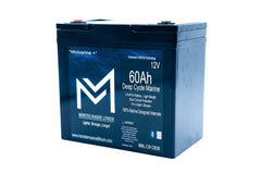 Monster Marine Lithium 12V 60Ah deep cycle marine battery with blue casing, front side view