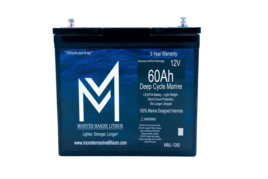 Monster Marine Lithium 12V 60Ah deep cycle marine LiFePO4 battery with warranty label