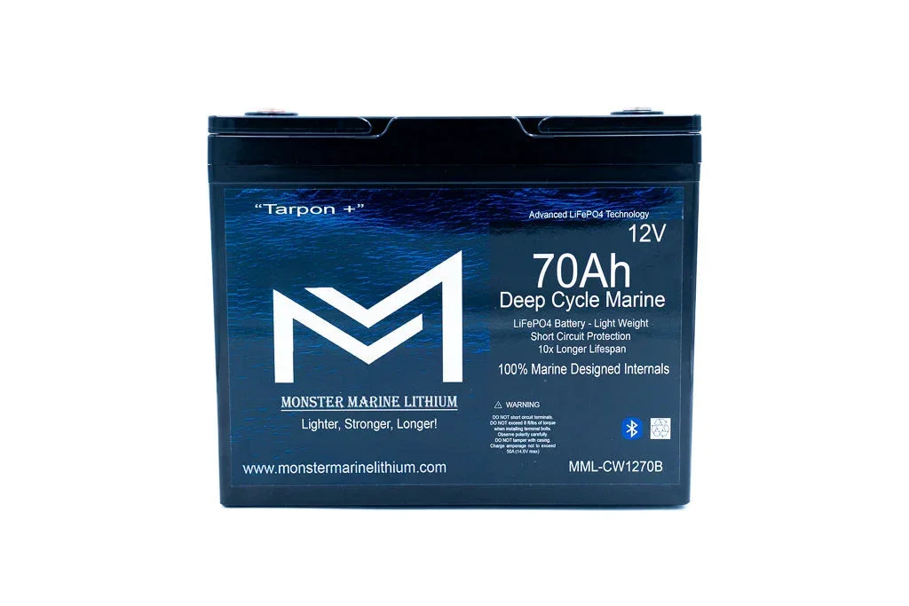 Monster Marine Lithium 12V 70Ah deep cycle marine LiFePO4 battery, black casing, branding visible