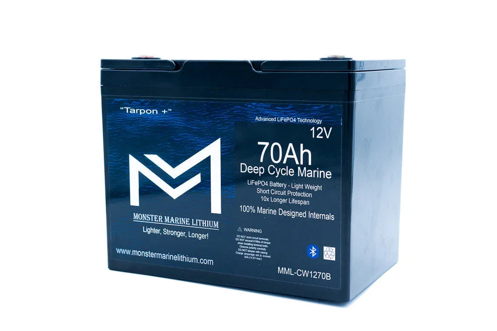 Monster Marine Lithium 12V 70Ah deep cycle marine LiFePO4 battery, black rectangular case