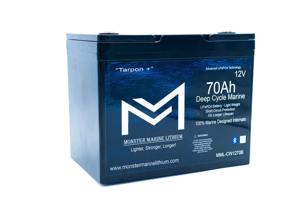 Monster Marine Lithium 12V 70Ah deep cycle marine battery with blue label and logo