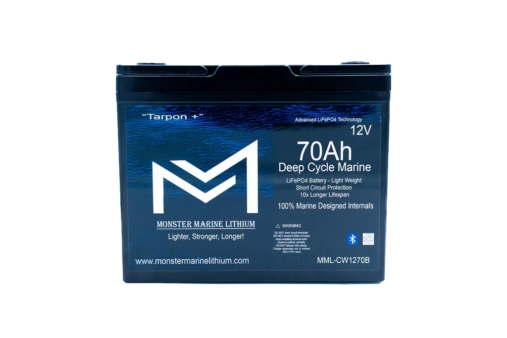 Monster Marine Lithium 12V 70Ah deep cycle marine LiFePO4 battery with blue label