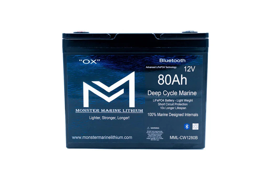 Monster Marine Lithium 12V 80Ah deep cycle marine battery with Bluetooth, LiFePO4 technology.