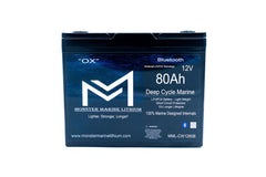 Monster Marine Lithium 12V 80Ah deep cycle marine battery with Bluetooth, LiFePO4 technology.