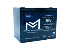 Monster Marine Lithium 12V 80Ah deep cycle marine battery with Bluetooth, black rectangular case