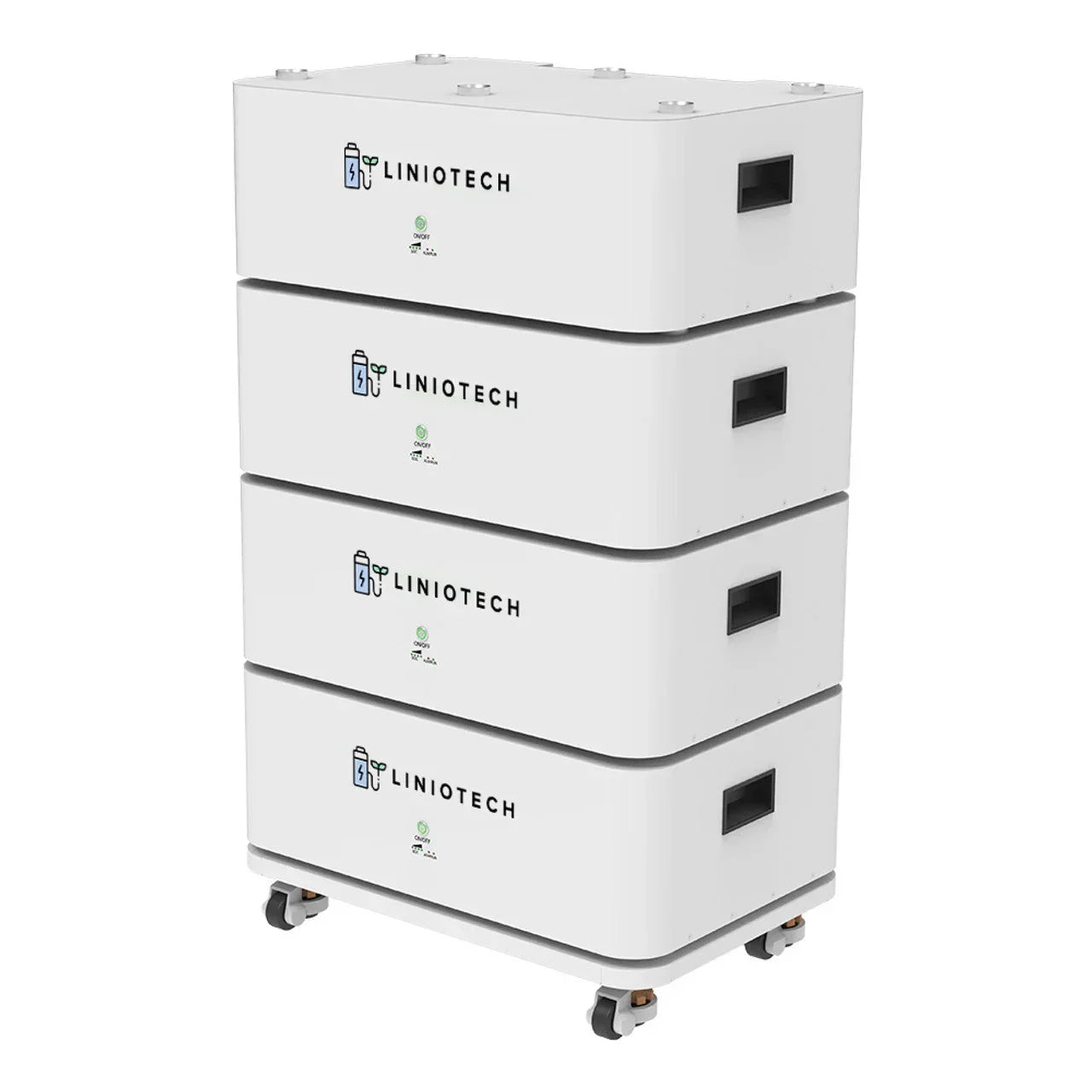 Liniotech stackable lithium battery storage system with four white modules on wheels