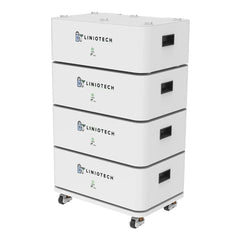Liniotech stackable lithium battery storage system with four white modules on wheels