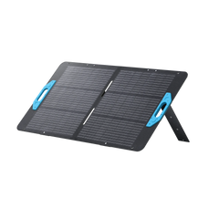EcoFlow portable solar panel with blue handles and integrated kickstand, black background
