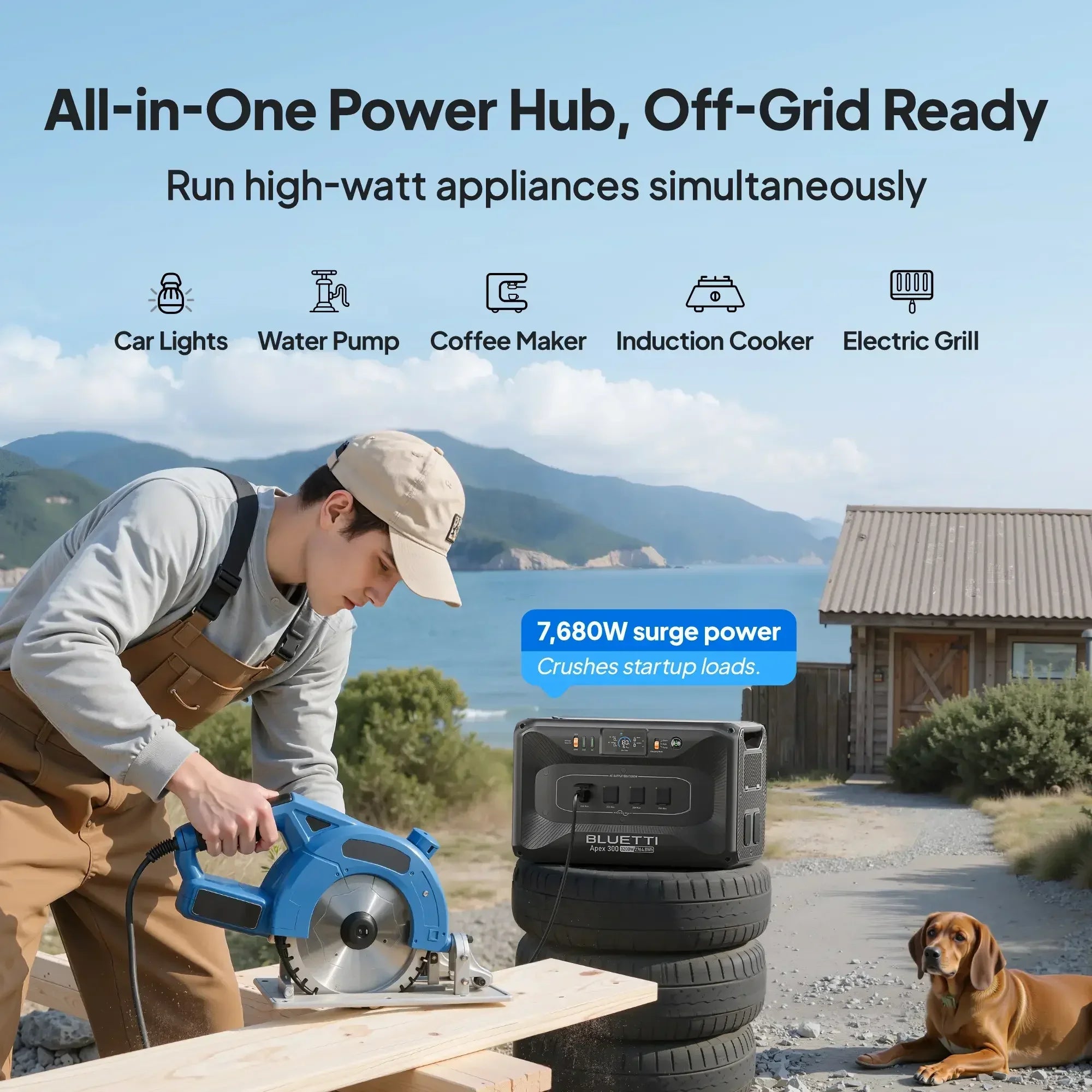 Bluetti portable power station outdoors powering circular saw, man working near cabin, mountains in background