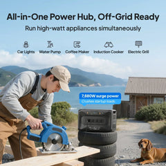 Bluetti portable power station outdoors powering circular saw, man working near cabin, mountains in background