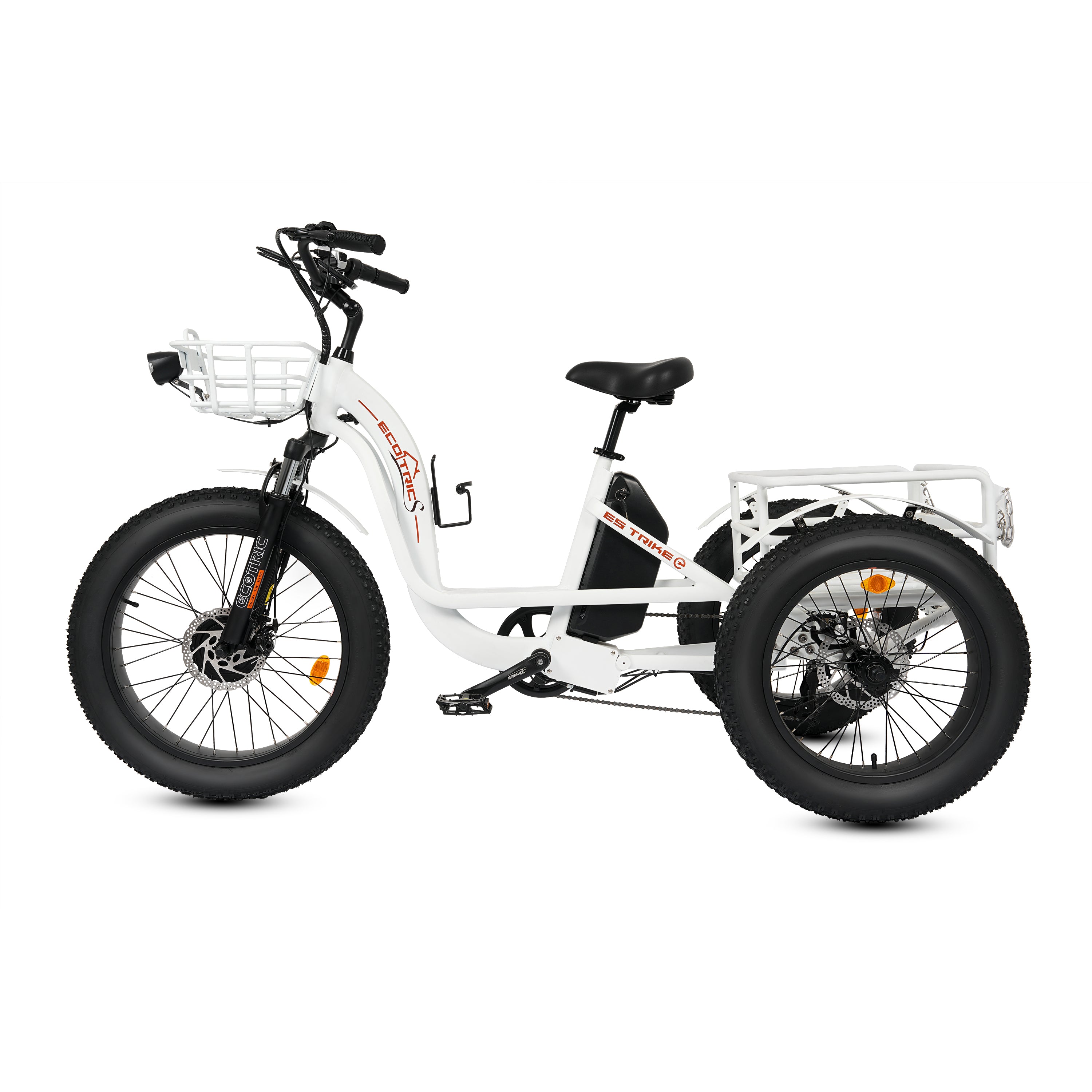 Ecotric 48V 24"x4.0 Front 20"x4.0 Rear Tires Tricycle electric bike with Front Basket + Rear Rack White - Green Vista Living