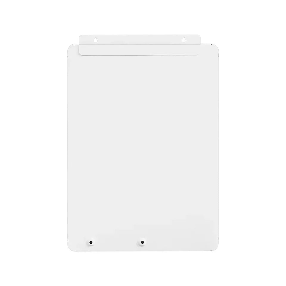 White wall-mounted electrical panel backplate with mounting holes, isolated on white background