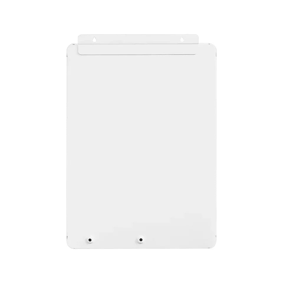 White wall-mounted electrical panel backplate with mounting holes, isolated on white background