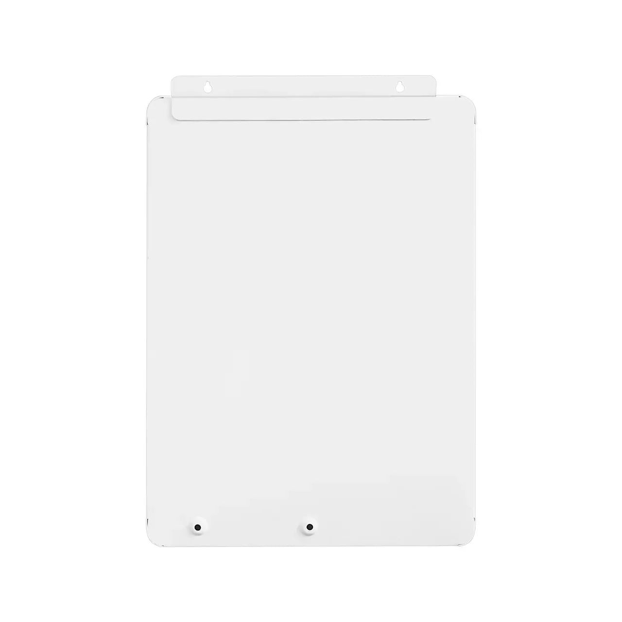 Rectangular white metal backplate with mounting holes, isolated on white background