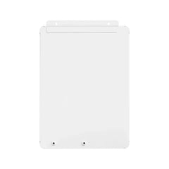 Rectangular white metal backplate with mounting holes, isolated on white background